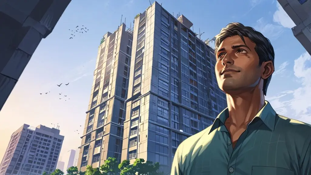 Ramu, a middle-class man, looks up wistfully at a sky-high apartment construction; a subtle ghostly overlay of his friend Gopi reveals a hidden 4 crore financial twist, symbolizing the theme of savings vs investment risk.