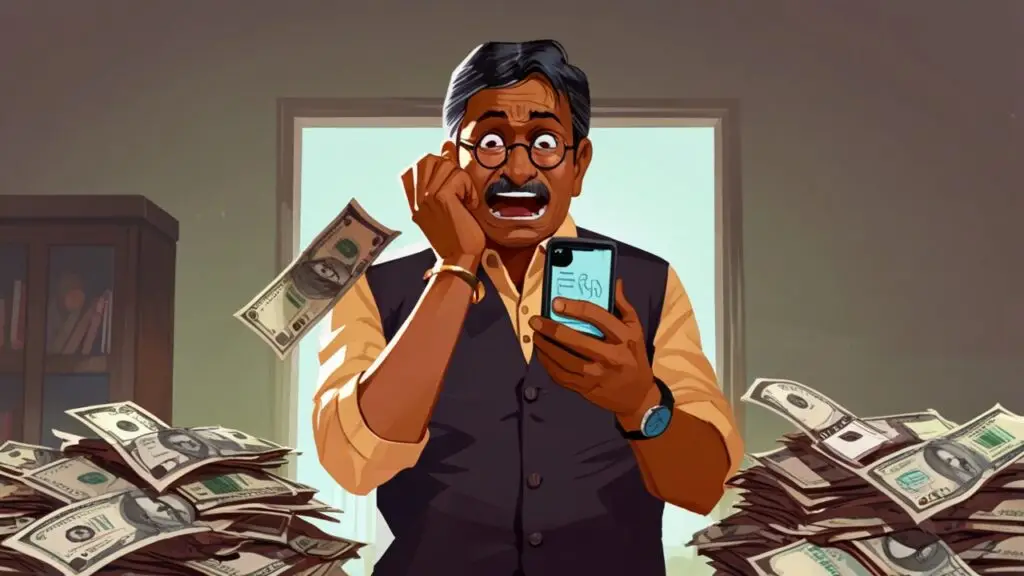 Shocked Indian man holding mobile with '₹50 L' pop-up, representing the core conflict in a story about financial mindset change.