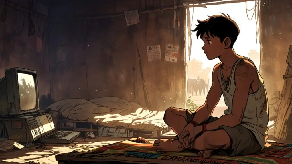 A 16-year-old Indian boy (Suryam) in a poor hut looks shocked, standing between his small, used laptop and his farmer father’s large, broken desktop computer. The scene illustrates the difficult choices and hidden truths in achieving middle-class luxury and teaches important teenage financial lessons.