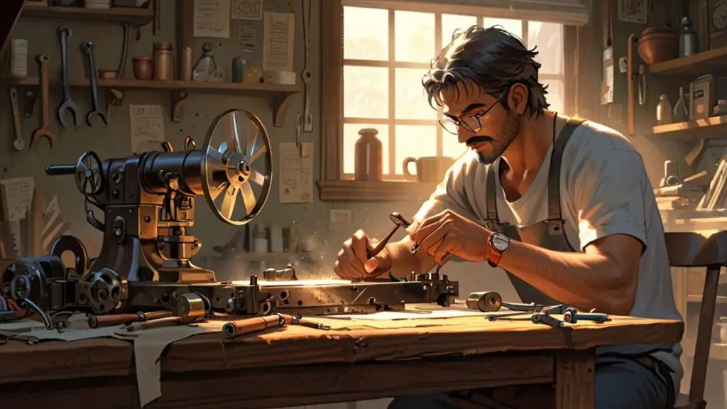 Ravi, an Indian middle-aged man, works diligently on an old cooler/appliance in his small workshop. He is consulting his grandfather's Low Investment Business Idea blueprint (yellowed, handwritten patent papers) to implement energy-saving modifications. This scene illustrates his successful transition from Middle Class Savings struggles to achieving EMI Relief and Financial Freedom through entrepreneurship.