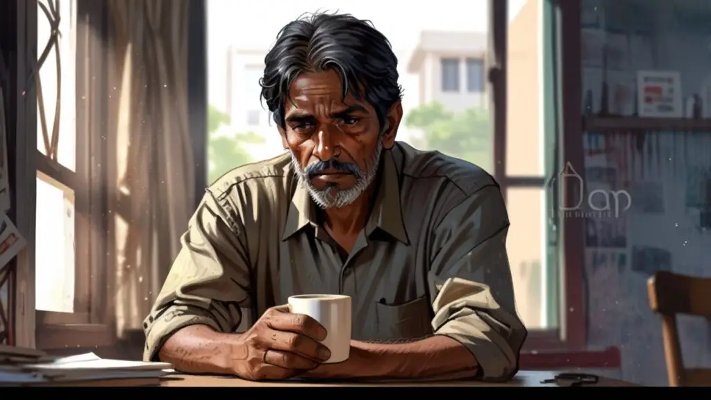 A tired, poor middle-aged Indian man (Ramayya, 40s) in a worn office uniform drinking coffee at 6 AM by a window, struggling with insomnia and middle-class stress.