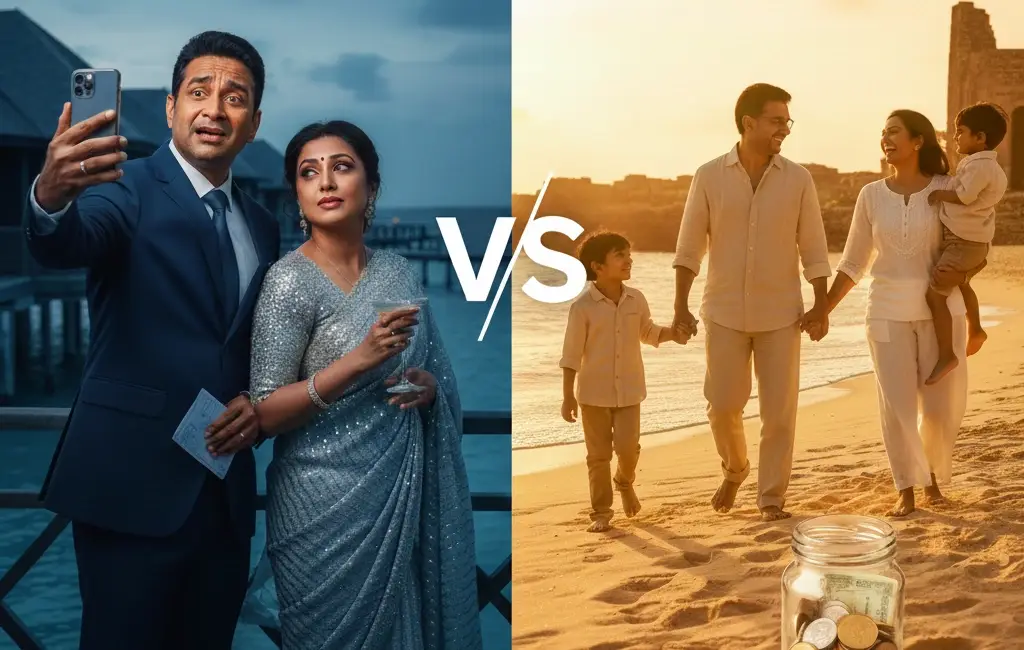 Split image showing the contrast between a middle-class Indian family taking an EMI for luxury travel (stressful man with bills at a water villa) vs. a family enjoying budget travel with savings (happy family on a beach with a savings jar). EMI for Luxury Travel?