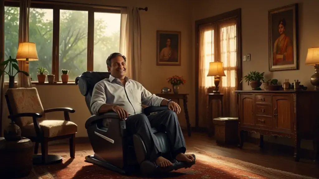 Man in his 40s (Narasimha Rao) relaxing in a massage chair in a middle-class Indian living room, with his wife (Sumati) standing beside him, symbolizing earned 'luxury time' and stress relief.