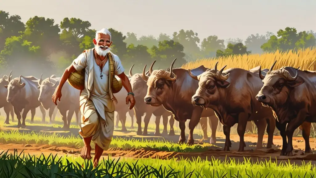 A scene depicting a village farmer (Venkayya, around 55) looking confused, wearing a shiny smartwatch on one wrist and holding a box of protein powder in the other hand. The background features a lush green field resembling an oil painting, with a rooster crowing in the morning and a buffalo (or 'Gitta') grazing nearby. The image symbolizes the conflict between the beauty of nature and modern technology.