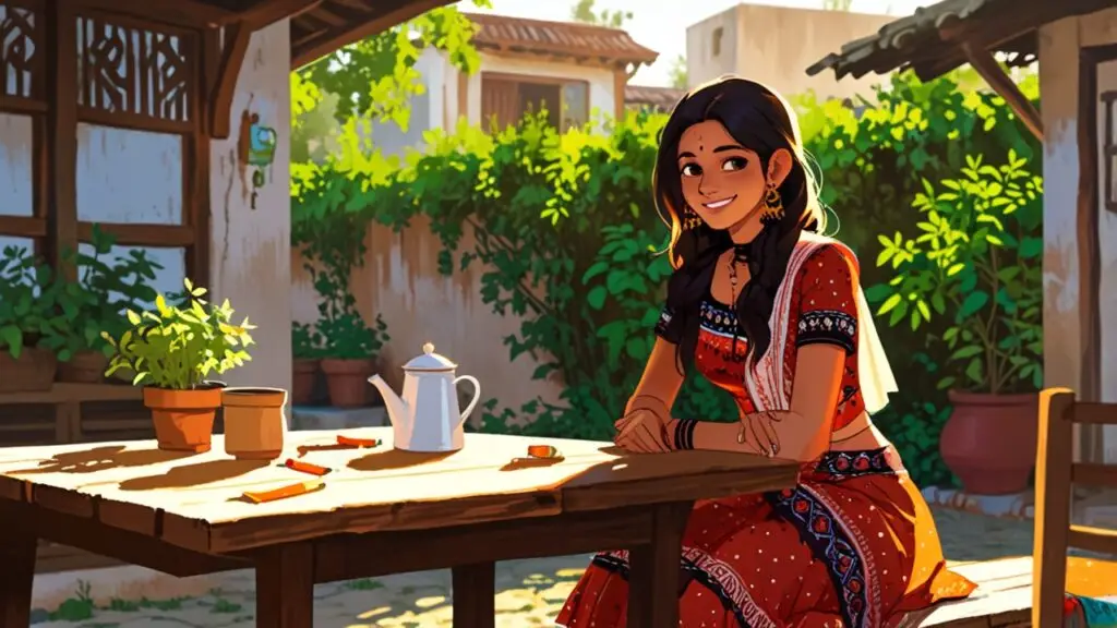 Indian college girl Kavya enjoying her Zero Cost Luxury Life moment. She smiles while sitting by her spice garden (penkutillu house in the background), holding a coffee cup, wearing a trendy, upcycled village dress.