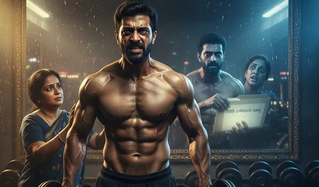 A stressed, muscular middle-class employee (Akhil) suffering from mental exhaustion and sleep deprivation, experiencing a stress-induced hallucination while trying to cope with his immense workload and neglecting mental health.