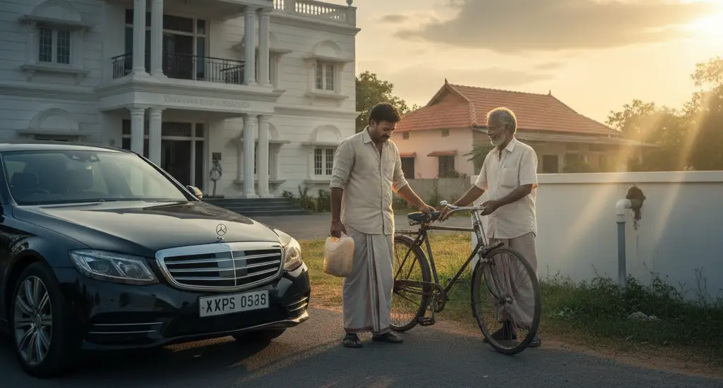 Venkata Rao observing his wealthy neighbor, Dhanshaker, who looks distressed near his parked luxury car, realizing the immense business debt and financial burden behind the lavish Pakkinti Palace.