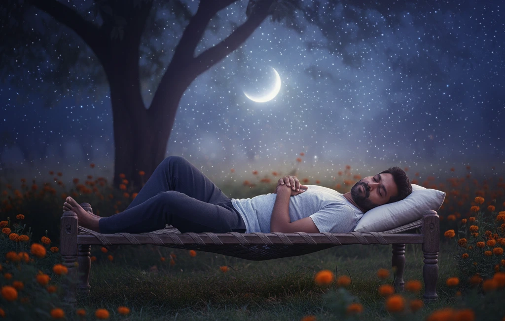 A calm and serene night scene featuring a vast starry sky over a peaceful landscape, symbolizing deep sleep, mental peace, and emotional healing.