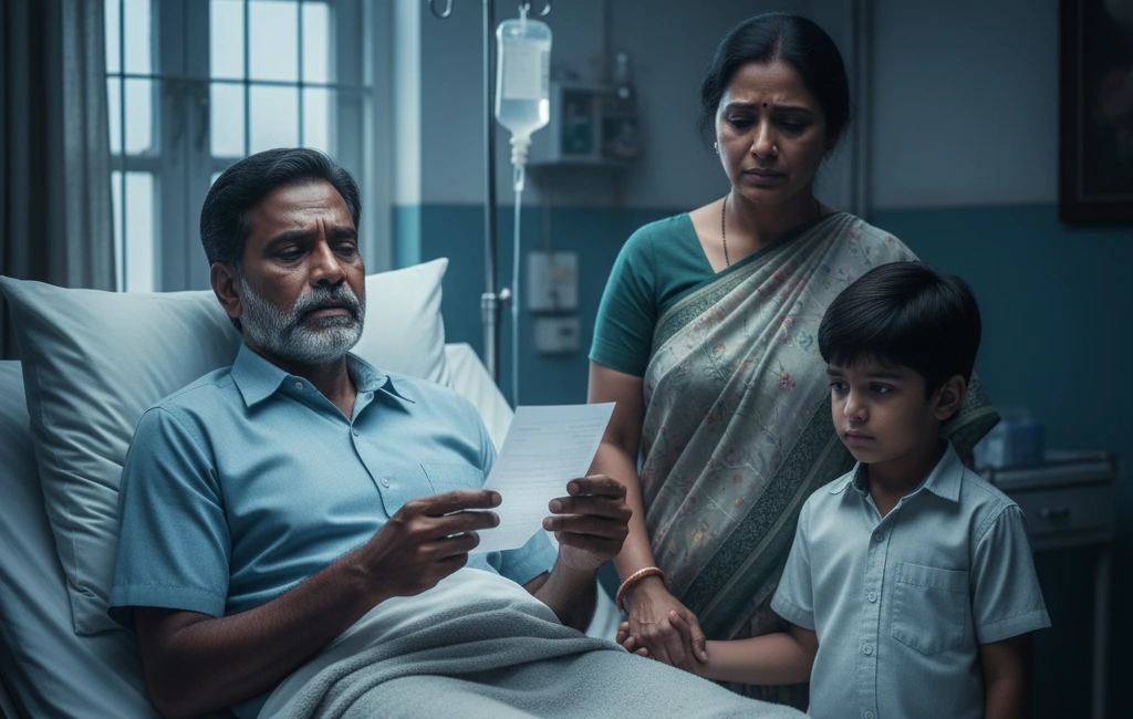 A worried Indian man holding a hospital medical bill while his family stands sadly by a hospital bed.