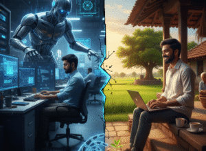 A split-screen conceptual image representing Corporate Jobs vs AI Threats. On the left, a stressed Indian employee works in a dark, high-tech office with a glowing AI robot looming over him. On the right, the same man sits peacefully on a village house veranda, working on a laptop surrounded by lush green fields and nature.