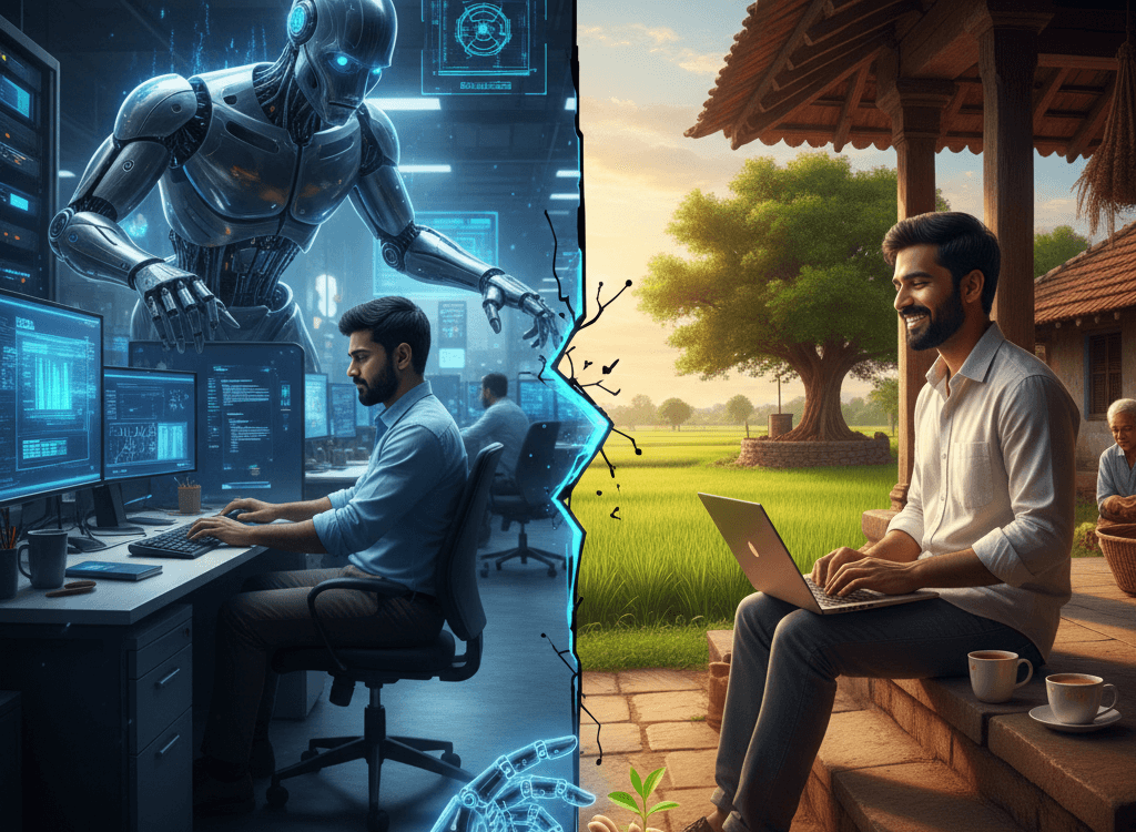 A split-screen conceptual image representing Corporate Jobs vs AI Threats. On the left, a stressed Indian employee works in a dark, high-tech office with a glowing AI robot looming over him. On the right, the same man sits peacefully on a village house veranda, working on a laptop surrounded by lush green fields and nature.