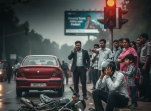 A distressed man sitting on a curb next to a crashed motorcycle at a busy Indian traffic intersection with a red signal, highlighting the consequences of ignoring road safety.