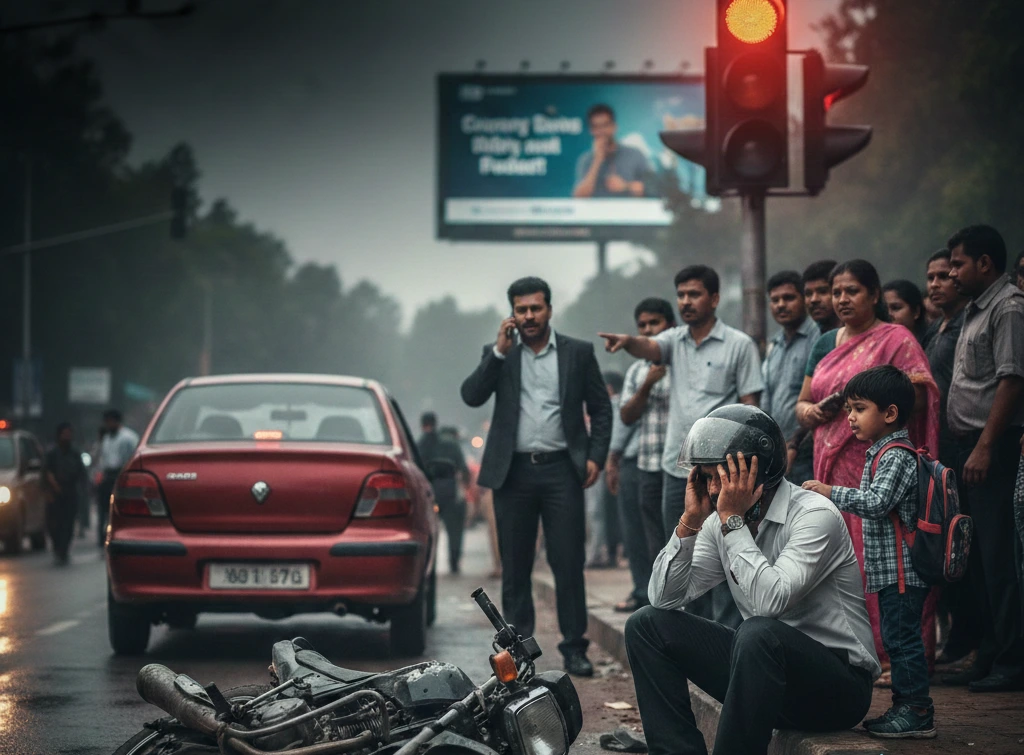 A distressed man sitting on a curb next to a crashed motorcycle at a busy Indian traffic intersection with a red signal, highlighting the consequences of ignoring road safety.