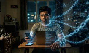 The Organic Obsession : ఆరోగ్యం కోసం ఆరాటమా? లేక అప్పుల ఊబిలో పోరాటమా? A cinematic, high-contrast image depicting the concept of Digital Slavery. A stressed young Indian man sits in a dimly lit room at 2:15 AM, looking at his laptop and smartphone with a worried expression. Glowing, digital blue chains emerge from the screens, wrapping around his neck and hands, symbolizing being trapped by a hidden cyber network and online extortion.