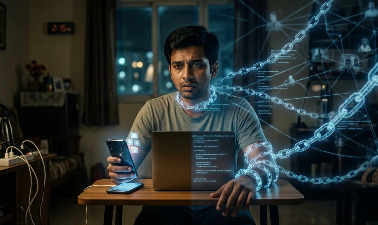 Home A cinematic, high-contrast image depicting the concept of Digital Slavery. A stressed young Indian man sits in a dimly lit room at 2:15 AM, looking at his laptop and smartphone with a worried expression. Glowing, digital blue chains emerge from the screens, wrapping around his neck and hands, symbolizing being trapped by a hidden cyber network and online extortion.